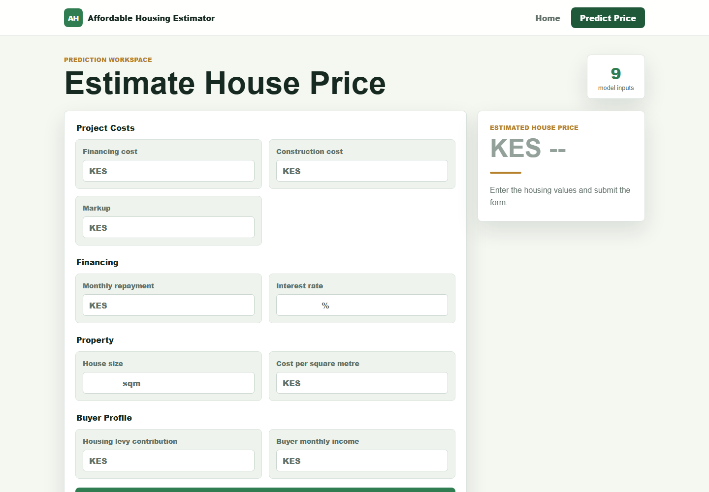 Affordable Housing Price Estimator dashboard with grouped housing inputs and an estimated price panel