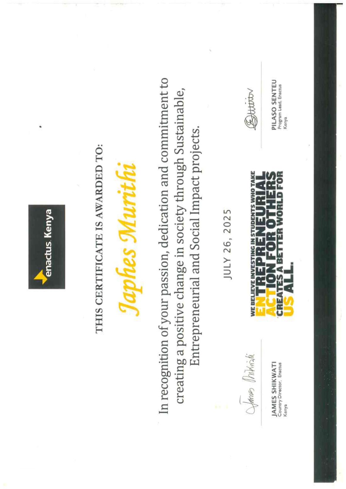 Enactus Kenya entrepreneurial and social impact credential
