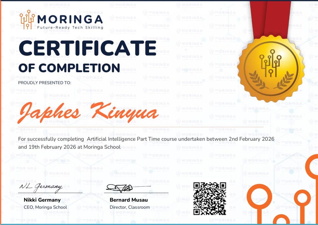 Moringa School Artificial Intelligence certificate