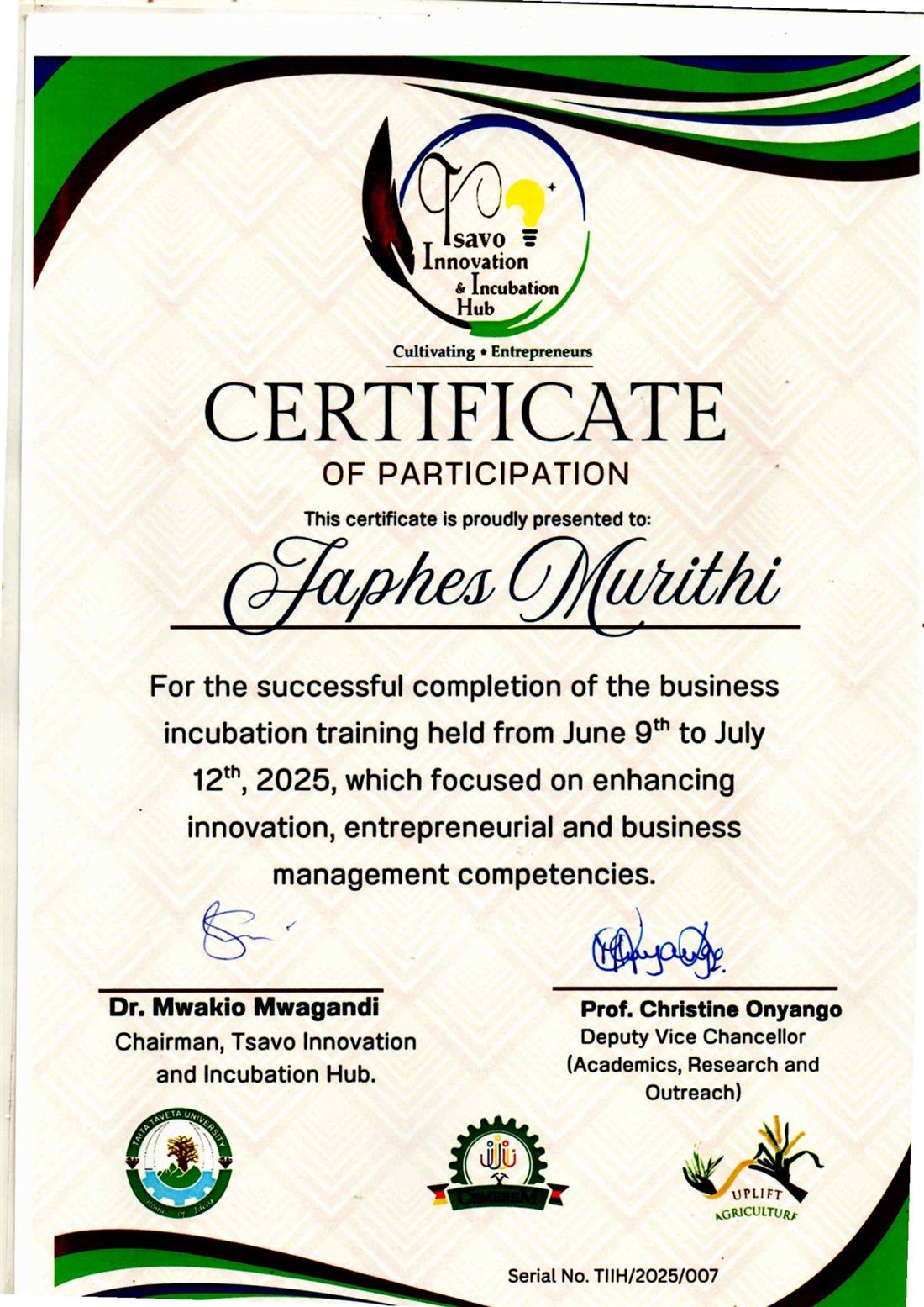 Tsavo Innovation and Incubation Hub business training certificate