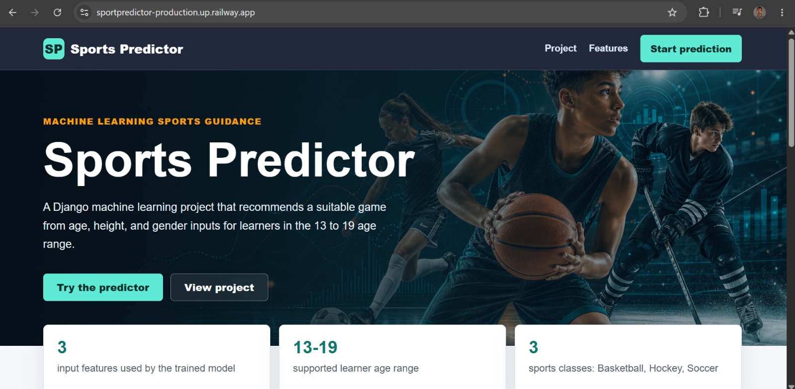 Sports Predictor recommendation form and results interface